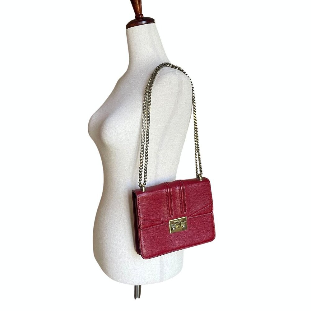 Charles & Keith Red Leather Shoulder Crossbody Bag Gold Chain Strap Push-Lock - Picture 2 of 11